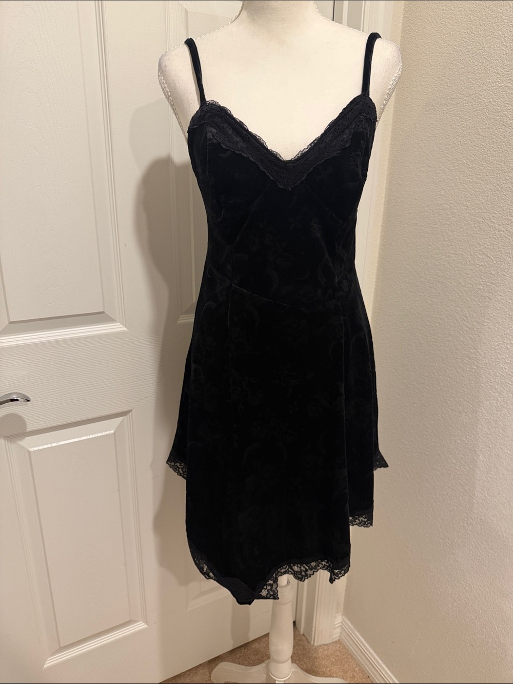 Aura Black Velvet Lace-Trim Slip Dress